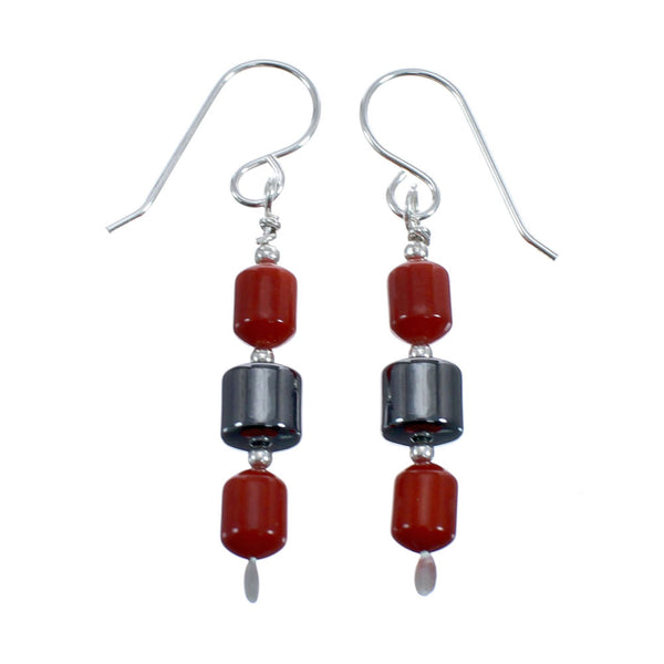Coral Hematite Navajo Sterling Silver Bead Hook Dangle Earrings AX127340